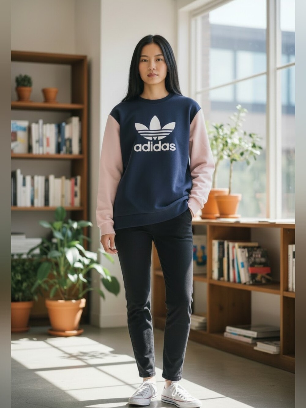 adidas Navy Crewneck Sweatshirt with White Trefoil Logo